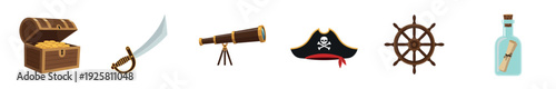 Set of cartoon pirate icons including a treasure chest with gold, a sabre, spyglass, captain's hat, ship's wheel, and a message in a bottle, illustrated in a flat style