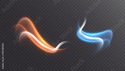 Dual-color light vortex waves in orange and blue with soft glow and motion blur. Abstract energy trails for tech UI, speed effects and futuristic design.