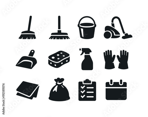 Solid vector icons of daily cleaning: broom, mop, bucket, vacuum, dustpan, sponge, spraybottle, gloves, cloth, trashbag,