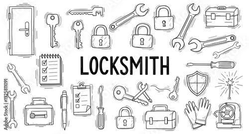Locksmith services and tools illustration with door, keys, locks, and wrenches