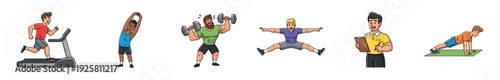 Set of diverse cartoon men characters exercising and engaging in various fitness activities like running, stretching, weightlifting, jumping jacks, and push-ups with a coach