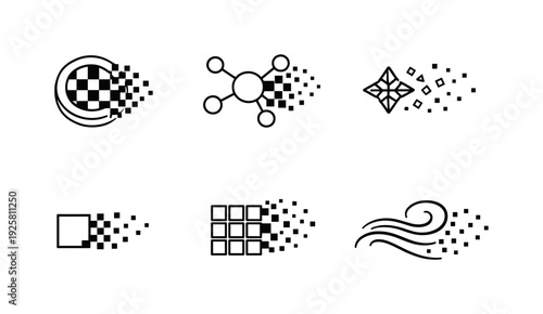 Line vector icons of pixel artifact dissolution (evaporating raster shapes): dissolving checker chip, fading pixel node, drifting