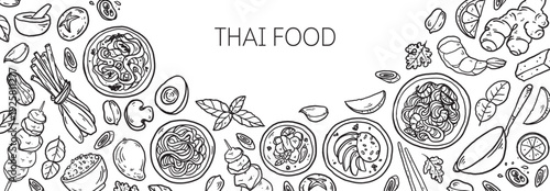 Hand drawn Thai food sketch . Whimsical food and drink doodles frame. Hand drawn vector illustration for menu, packaging design. Thai cuisine quirky icons, simple sketch style. Minimalist line art