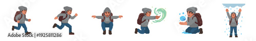 Pixel art character sprite sheet set of an adventurer in a hoodie running, kneeling to cast magic spells, and standing with arms up in the rain for a 2D video game