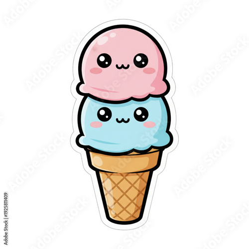 Cute pastel twin scoop ice cream character with glossy eyes and sweet expression. Perfect for summer designs, sticker packs, planner pages, and kids products.