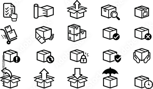 Black and White Vector Icon Pack of Moving Boxes and Packaging Essentials for Relocation and Shipping