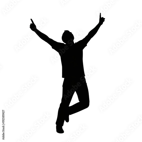 Man jumping with arms raised high isolated on transparent background.