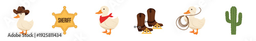 Set of cute cartoon cowboy illustrations featuring funny ducks with a hat, bandana, and lasso, along with a sheriff badge, boots with spurs, and a cactus for a western theme