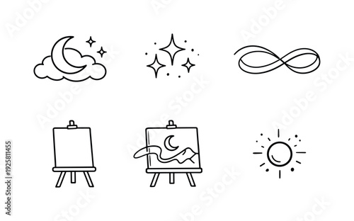 Line vector icons of a dream broadcasting onto a canvas in real time (night-vision painting): crescent dream cloud, floating