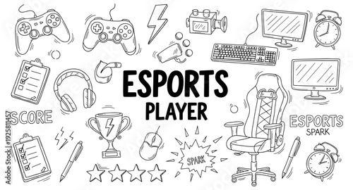 Esports player equipment and symbols in a doodle art style, celebrating competitive gaming