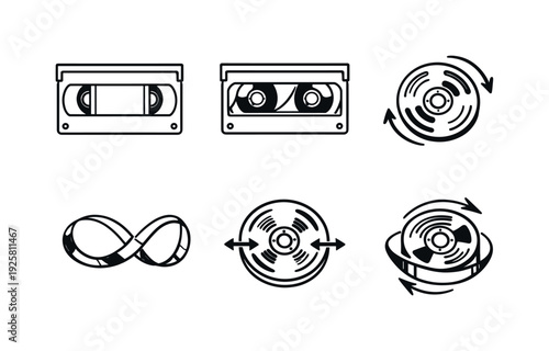 Line vector icons of self-rewinding VHS cassette (mechanical motion): cassette body, open tape window, rotating spool, loose tape