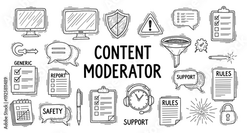 Content moderator icons and symbols representing online safety, rules, and support