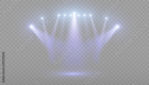 Stage spotlights with a blue glow and bright downward beams. Realistic vector stage spotlight.