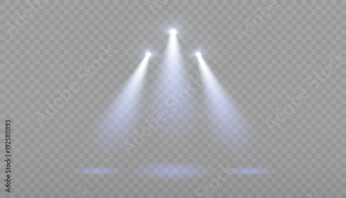Stage spotlights with bright white beams and bright beams for theatrical performances, concerts, presentations.