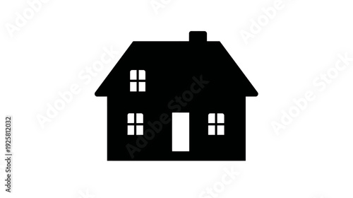 A simple, black silhouette of a house with a pitched roof, chimney, and windows