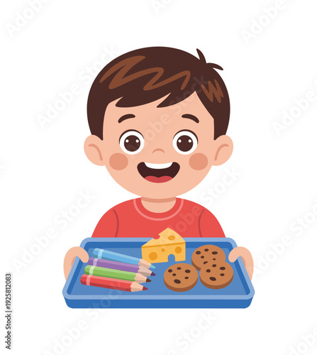 Happy child holds tray with cookies.