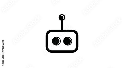 A simple black and white design features a rectangular body with two circular eyes and a small antenna