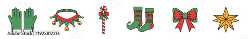 Colorful collection of Christmas elf accessories and holiday symbols like gloves, a jingle bell collar, shoes, a candy cane, a bow, and a star in a flat vector illustration style