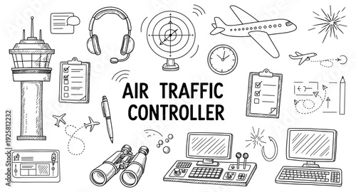 Hand-drawn illustration of air traffic control equipment and symbols for aviation professionals