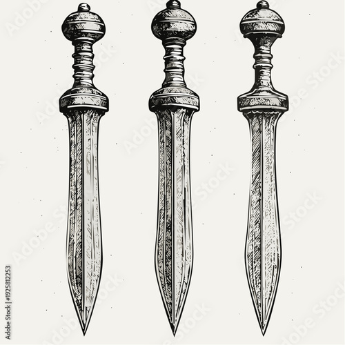 Collection of engraved swords and daggers on display