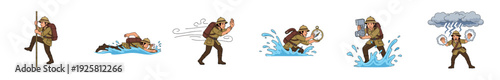 Cartoon adventurer character set in various action poses showing a man climbing, swimming, facing wind, and surviving a storm during an expedition