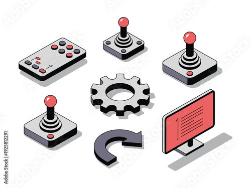 Computer game control devices and gear icons.