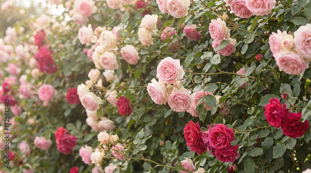 Fototapeta premium A large bush of pink and red roses in bloom