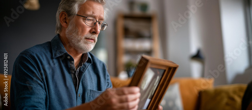 Faceless senior man holding wooden photo frame with nostalgia memories and reflection of past with picture on sofa retirement reminiscence home remembrance old person with