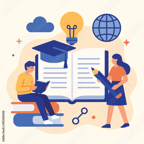 Students studying with a graduation cap, lightbulb, and globe above an open book illustrate academic learning and global knowledge acquisition.
