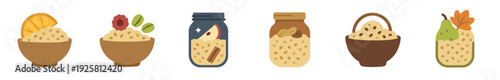 Set of six oatmeal porridge breakfast icons with different healthy toppings including apple, pear, raspberry, orange, nuts, and cinnamon, depicted in a minimalist flat design