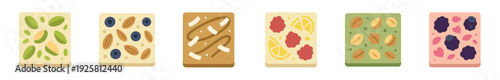 Set of six artisanal chocolate bars with various delicious toppings like nuts, berries, and fruit, presented as a colorful flat vector illustration icon collection