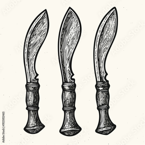 Collection of engraved swords and daggers on display