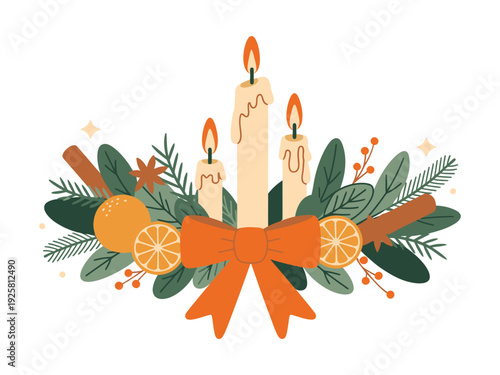 Candles with citrus and evergreen form holiday.