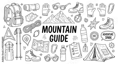 Collection of hand-drawn mountain climbing and adventure gear illustrations