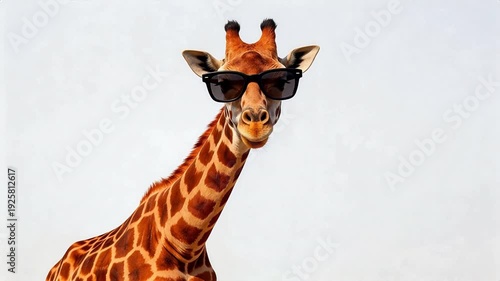 Cool giraffe wearing black sunglasses against white background — fun, stylish animal portrait for advertising, social media, or creative design