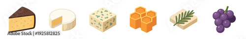 Set of various cheese and appetizer icons including blue cheese, camembert, grapes, honeycomb, and rosemary in a detailed isometric cartoon illustration style for food concepts