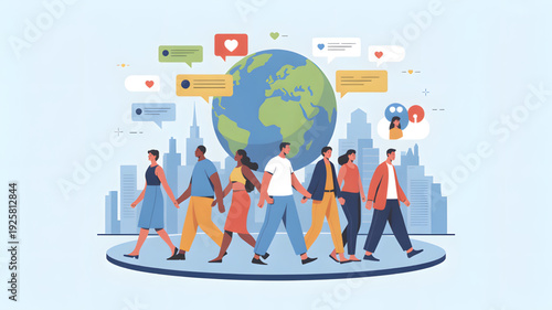 Diverse people walking around the globe.