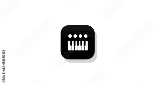 A square black icon with rounded corners depicting a music keyboard and four circles above it