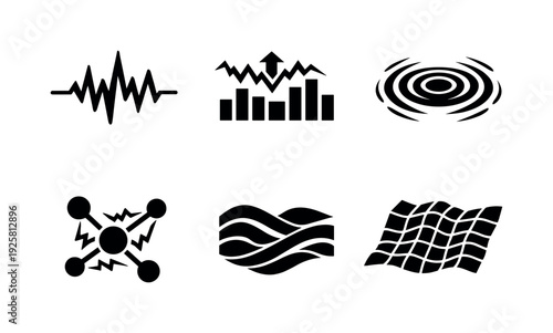 Solid style icons of real-time market turbulence: rapid-wave pulses, fluctuation bars, shockwave ripple, instability node, surge