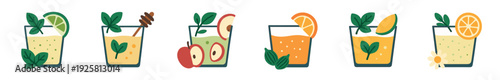Set of six illustrated healthy beverages in glasses with fresh fruit garnishes like lime, orange, and apple, including juice, smoothies, and tea in a modern flat design