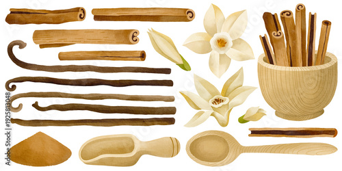 Valokuva Hand-drawn watercolor cinnamon and vanilla set, cinnamon sticks and powder, wood