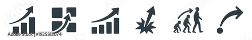 Set of dark grey vector icons representing business concepts like growth, progress, evolution, breakthrough, and change, presented in a minimalist flat design style