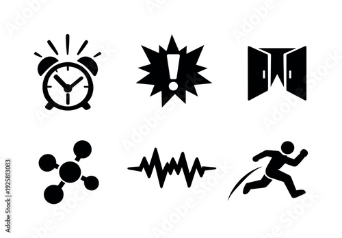 Solid style icons of FOMO activation cues: alarm-clock flare, exclamation burst, narrowing opportunity gate, emotional trigger