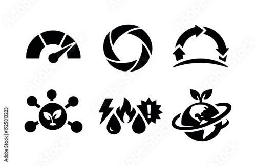 Solid style icons of long-term atmospheric health: composition gauge, resilience ring, renewal cycle arc, biosphere-integration