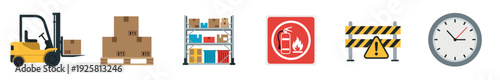 Warehouse and logistics flat vector icon set with a forklift, cardboard boxes on a pallet, storage rack, fire safety sign, barrier, and clock for inventory and shipping concepts