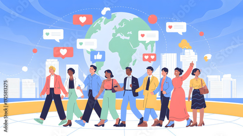 Diverse group people social media globe.