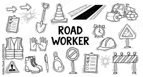 Collection of hand-drawn road worker tools and safety equipment illustrations
