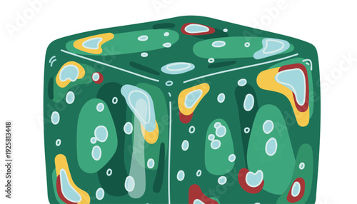 Emerald translucent cube with frozen oxygen bubbles and internal light refraction for industrial material design.