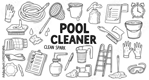 Collection of hand-drawn pool cleaning supplies and tools for maintenance tasks