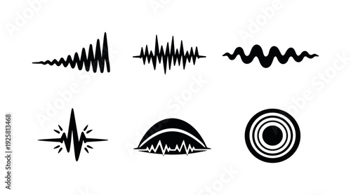 Solid style icons of expressive seismic dynamics: crescendo-like amplitude rise, staccato tremor spikes, sustained ground-roll